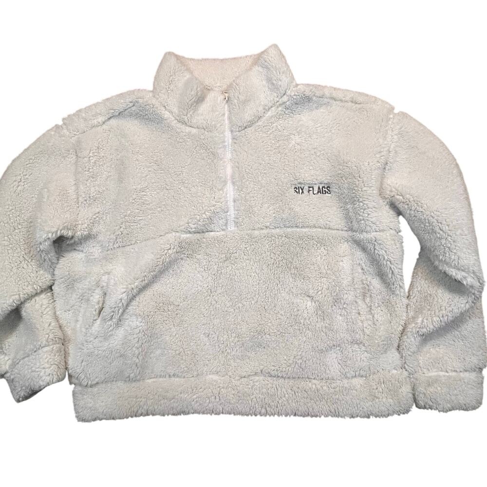 Six Flags Sherpa Quarter Zip Fleece Pullover White Cozy XL Winter Soft